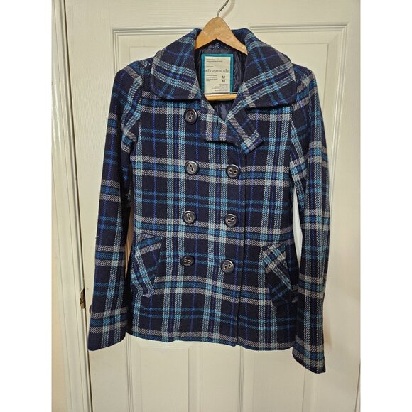 Aeropostale Navy Wool Blend Peacoat Size Medium Flannel Plaid 3 Button Jacket - Picture 1 of 12